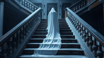 Ghostly figure in a long costume trailing down the stairs in a haunted setting