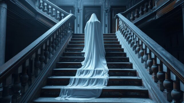 Ghostly figure in a long costume trailing down the stairs in a haunted setting