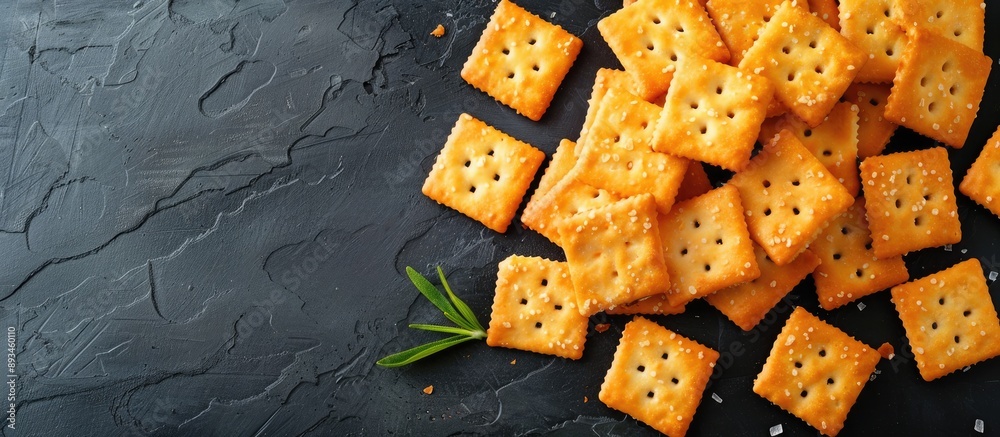 Poster view from above of homemade cheese shaped crackers a perfect crispy snack with ample copy space for 