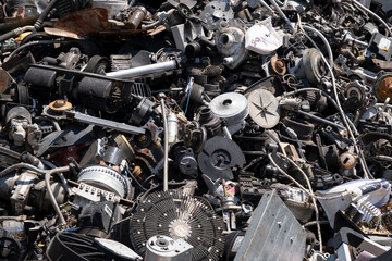 Scrap metals in the recycling center, engines, iron