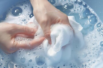 Fototapeta premium Hands Washing Clothes with Soapy Bubbles