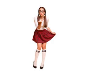 Full length body size view portrait of nice-looking attractive lovely tender sweet winsome feminine girl wearing uniform sending kiss closed eyes isolated on bright vivid shine yellow background