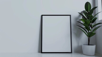 Mockup photo of black vertical frame with blank white cardstock and potted plants. Simple poster frame mockup on the background against a white wall.