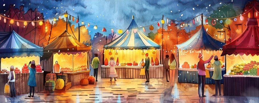 Vibrant watercolor night market scene with colorful stalls and a festive atmosphere