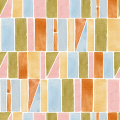 Fototapeta premium Beautiful abstract seamless pattern with colorful watercolor geometric ornament. Abstract patchwork print design. Stock illustration.