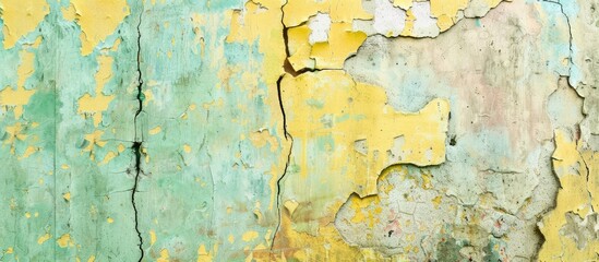 Obraz premium Aged concrete wall embellished with soft pastel hues of paint, showcasing yellow and light green speckles on its cracked stucco texture, providing a copy space image.