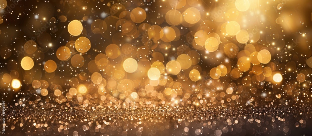 Poster Abstract golden and silver bokeh lights creating a sparkling glitter background with a copy space image, ideal for New Year and Christmas themes, resembling a shimmering greeting card.