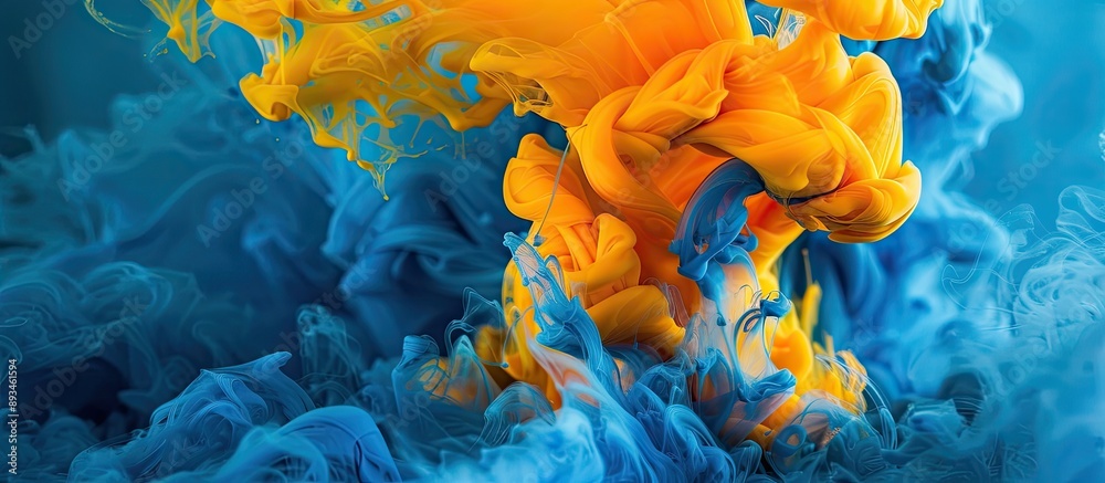 Poster Blue abstract background with yellow paint flowing in a fantasy cloud resembling ink spreading in water, creating a creative image with copy space.