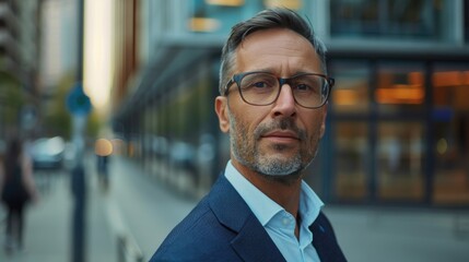 Fototapeta premium A businessman stands on a city street wearing a suit and glasses