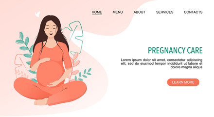 Pregnancy Care landing web page template with pregnant woman sitting in lotus pose