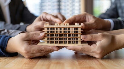 Hands holding a model building together, team explaining project strategy, management concept