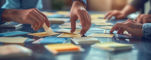 Hands arranging flashcards on a table, closeup, team strategy session, collaborative planning