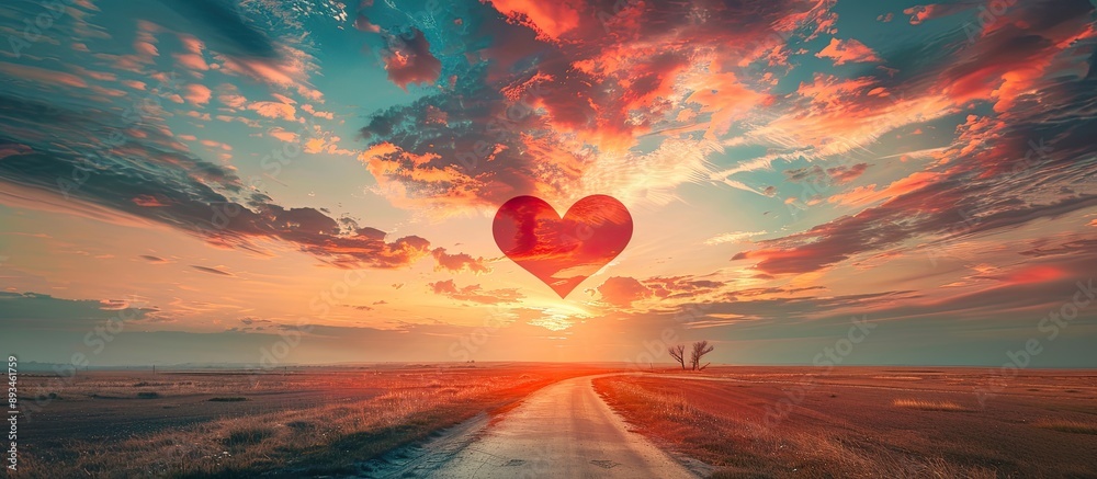 Poster sunset creates a red heart-shaped sky in a beautiful landscape with a road, clouds, and a romantic b