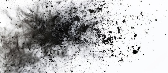 Fototapeta premium Splattered charcoal particles explode in closeup on a white background in a copy space image.