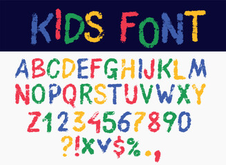 Children's font in the cartoon style. Colorful font design, playful kid alphabet, letters and numbers. Set of multicolored bright letters vector