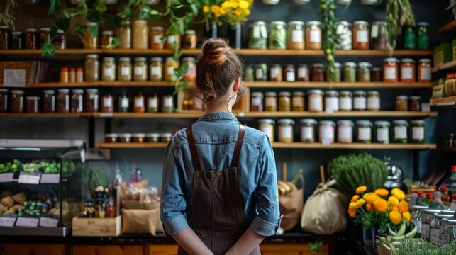 Woman in organic food store looking at shelves