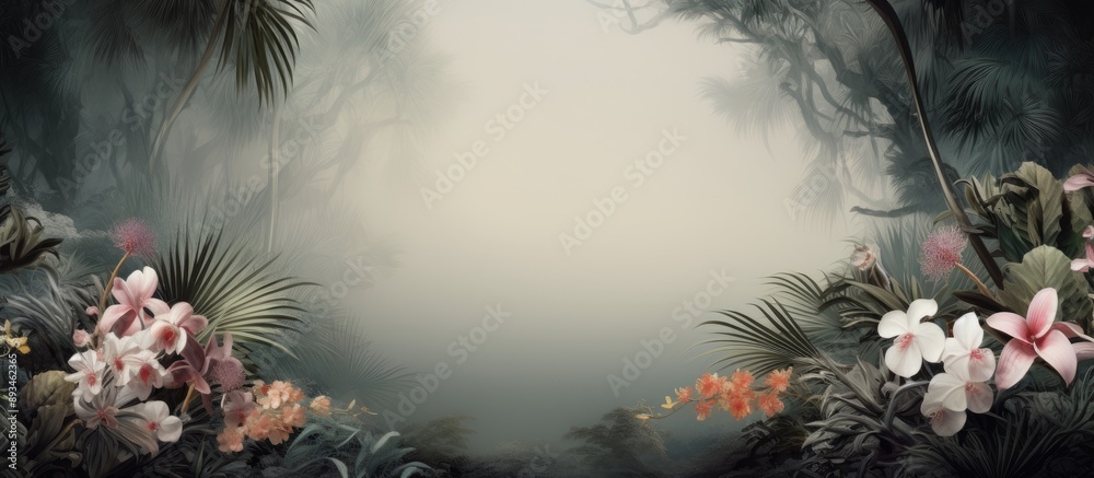 Poster exotic backdrop with palm fronds and blossoms in a copy space image.