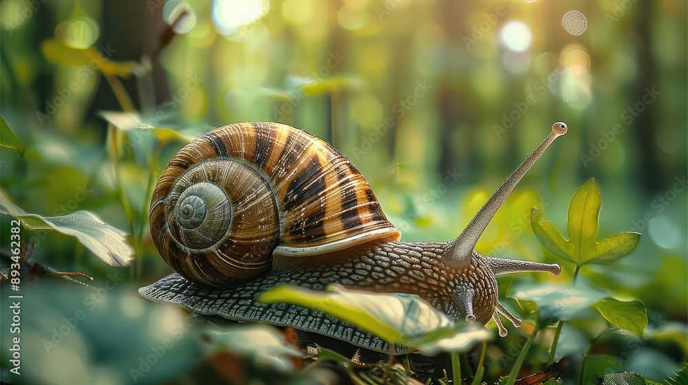 Poster in the summer, a giant snail is crawling through the green forest. generative ai.
