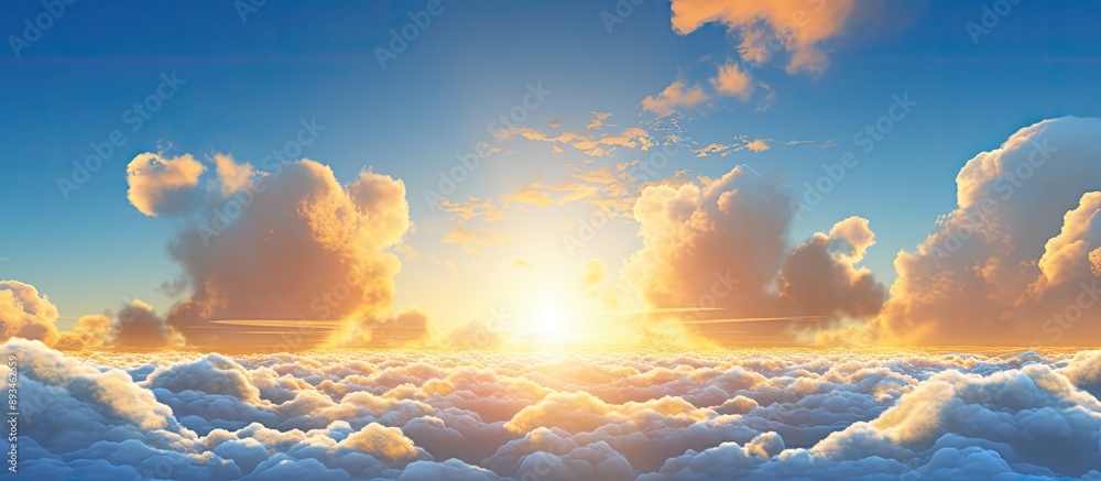 Poster golden clouds illuminated by the evening sunlight against a blue sky provide a tranquil ambiance in 