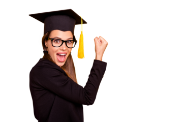 Portrait of cute delighted funny funky teen teenager raise fists winner yes yeah scream shout eyewear eyeglasses black jacket fashionable tails isolated pigtail yellow background