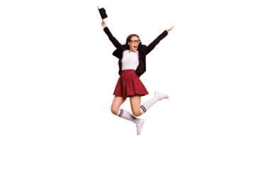 Full length body size view photo of cute lovely lady scream shout delighted hold hand eyewear eyeglasses white crazy sweater black jacket red skirt checked plaid long socks isolated yellow background