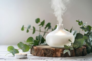 Diffuseur de vapeur avec eucalyptus et bougie sur table en bois