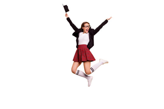 Full length body size view photo of cute lovely lady scream shout delighted hold hand eyewear eyeglasses white crazy sweater black jacket red skirt checked plaid long socks isolated yellow background