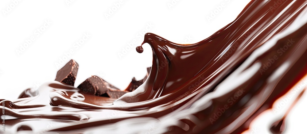 Poster Close-up view of chocolate flowing on white background with copy space image.