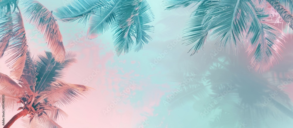 Fototapete minimalistic banner with a top-down palm tree motif, ideal for websites; features soft pastel hues a