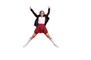 Full length body size view photo of funny nice teen teenager dream dreamy raise hands isolated crazy black jacket trendy stylish tails socks blazer modern youth clothes colorful background