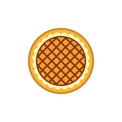Round striped pie with chocolate filling on a plate. Confectionery and pastries. Colored vector illustration on a white background.