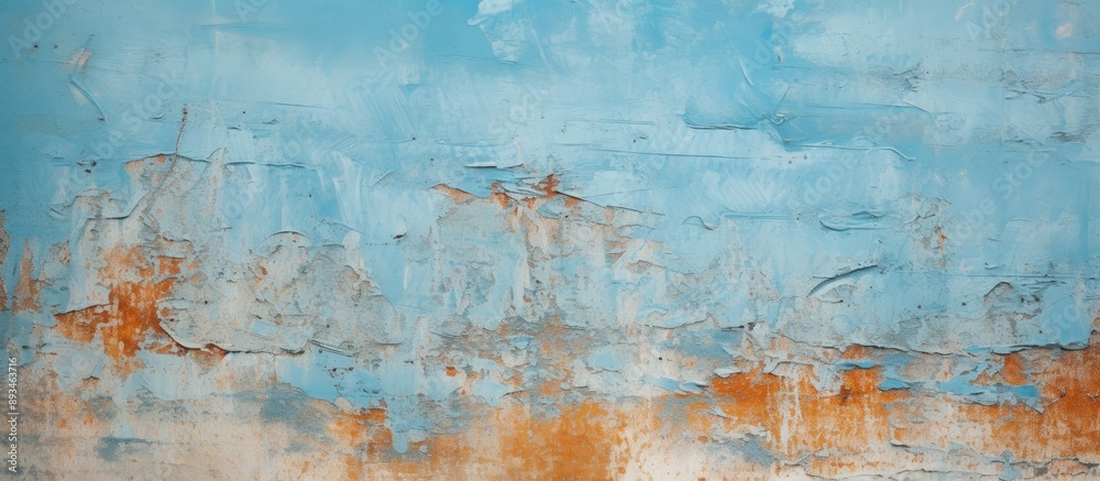 Fototapete Horizontal view of a blue backdrop featuring chipped, aged paint, ideal for design projects with ample copy space image.