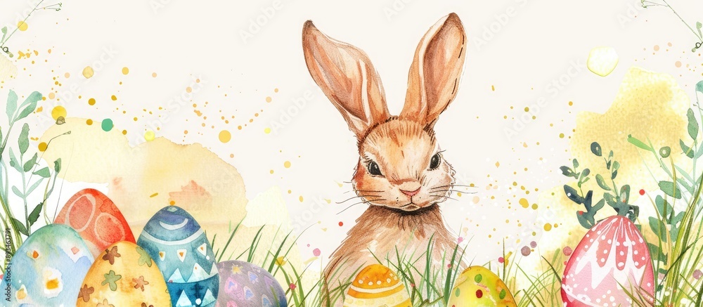 Poster easter-themed blank card and envelope featuring a cute easter bunny and colorful eggs in a charming 