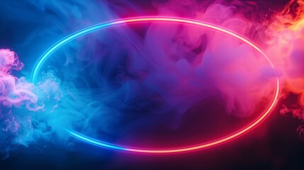 Obraz premium Abstract neon background with glowing oval shape and spinning cloud. Blank geometric frame