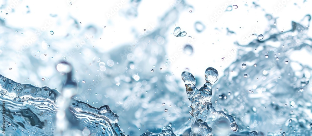 Poster blurry focus on water splashes with waves, drops, and bubbles on a white backdrop, featuring a copy 