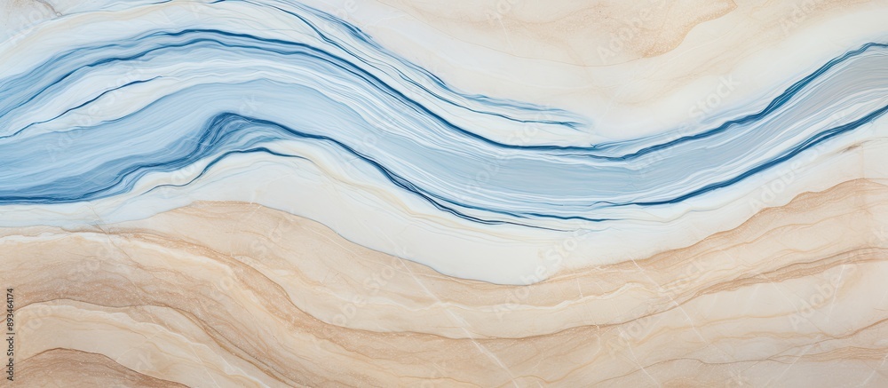 Aufkleber flat lay top view of a beige marble background with blue textured lines, providing ample copy space 
