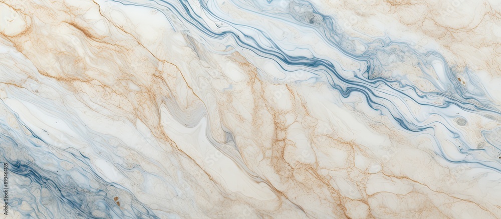 Aufkleber flat lay top view of a beige marble background with blue textured lines, providing ample copy space 