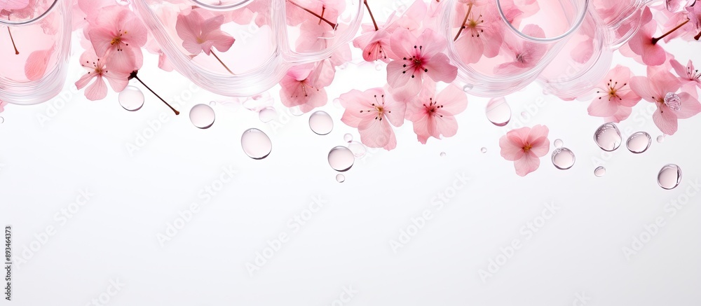 Aufkleber pink flowers cascading from a wine glass onto a white surface in a top-view composition, creates a c