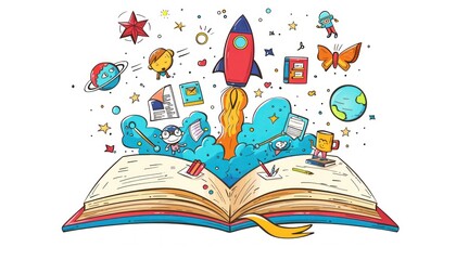 Cartoon vector illustration of an open book with school icons, doodle style.