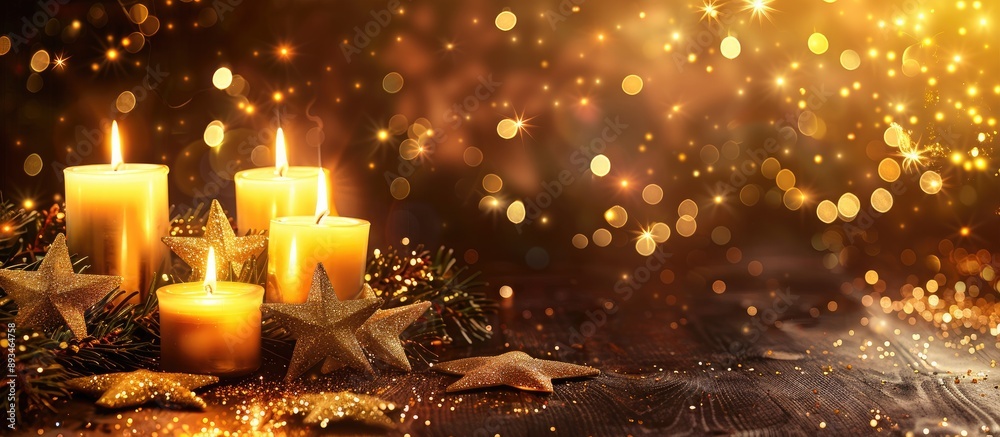 Sticker Burning candles with twinkling stars on a Christmas background provide an elegant ambience for the festive season in this copy space image.