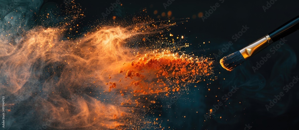 Aufkleber an expansive brush splashes orange powder onto a dark backdrop creating a copy space image.
