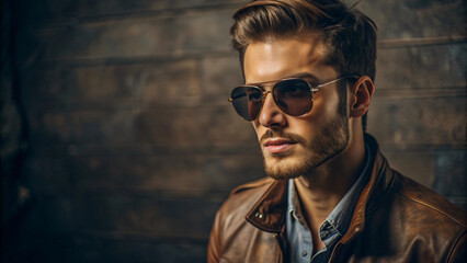 A confident man in sunglasses and a trendy shirt with a serious expression