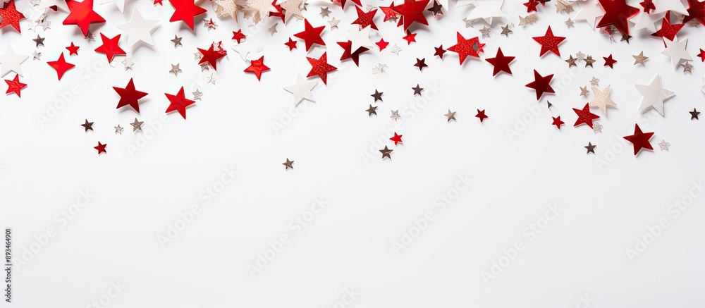 Poster minimalistic christmas flat lay background featuring red star decorations, confetti on white backdro