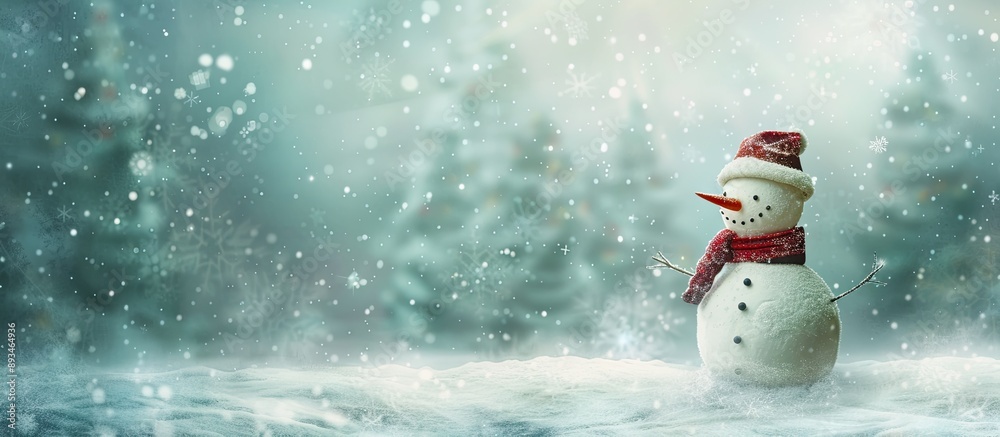 Poster Winter setting with a snowman in a vintage style, with a prominent copy space image.