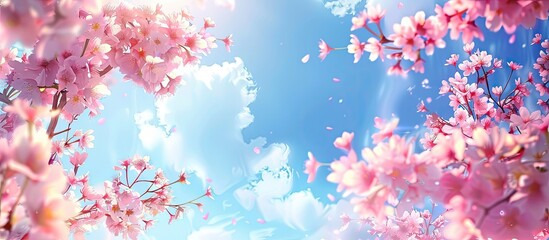 Scenic spring and summer backdrop with pink cherry blossoms against a bright blue sky, suitable for copy space image.