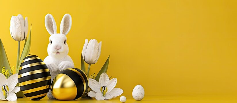 Easter-themed greeting card design with stylish black, gold, and striped eggs adorned with white bunnies, tulip, on a vibrant yellow background, ideal for adding text or images. - Powered by Adobe