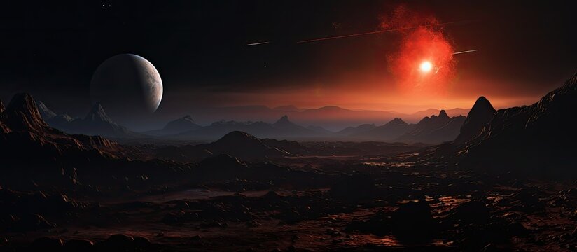 A depiction showing the surface of Proxima b with Proxima Centauri, a red dwarf star in the background, in a copy space image.