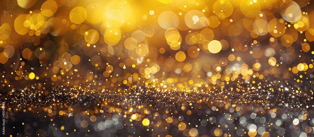 Poster Abstract golden and silver bokeh lights creating a sparkling glitter background with a copy space image, ideal for New Year and Christmas themes, resembling a shimmering greeting card.