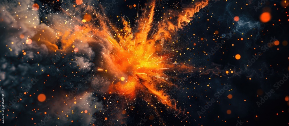 Poster a vibrant explosion resembling a bright firework with orange hues, scattered sparks, and smoke, set 