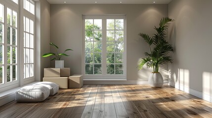 Fototapeta premium Empty Room with Windows and Sunlight